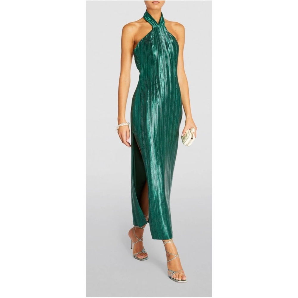 NWT Galvan London Panarea Metallic Plissé-Crepe Halterneck Midi Dress in Emerald